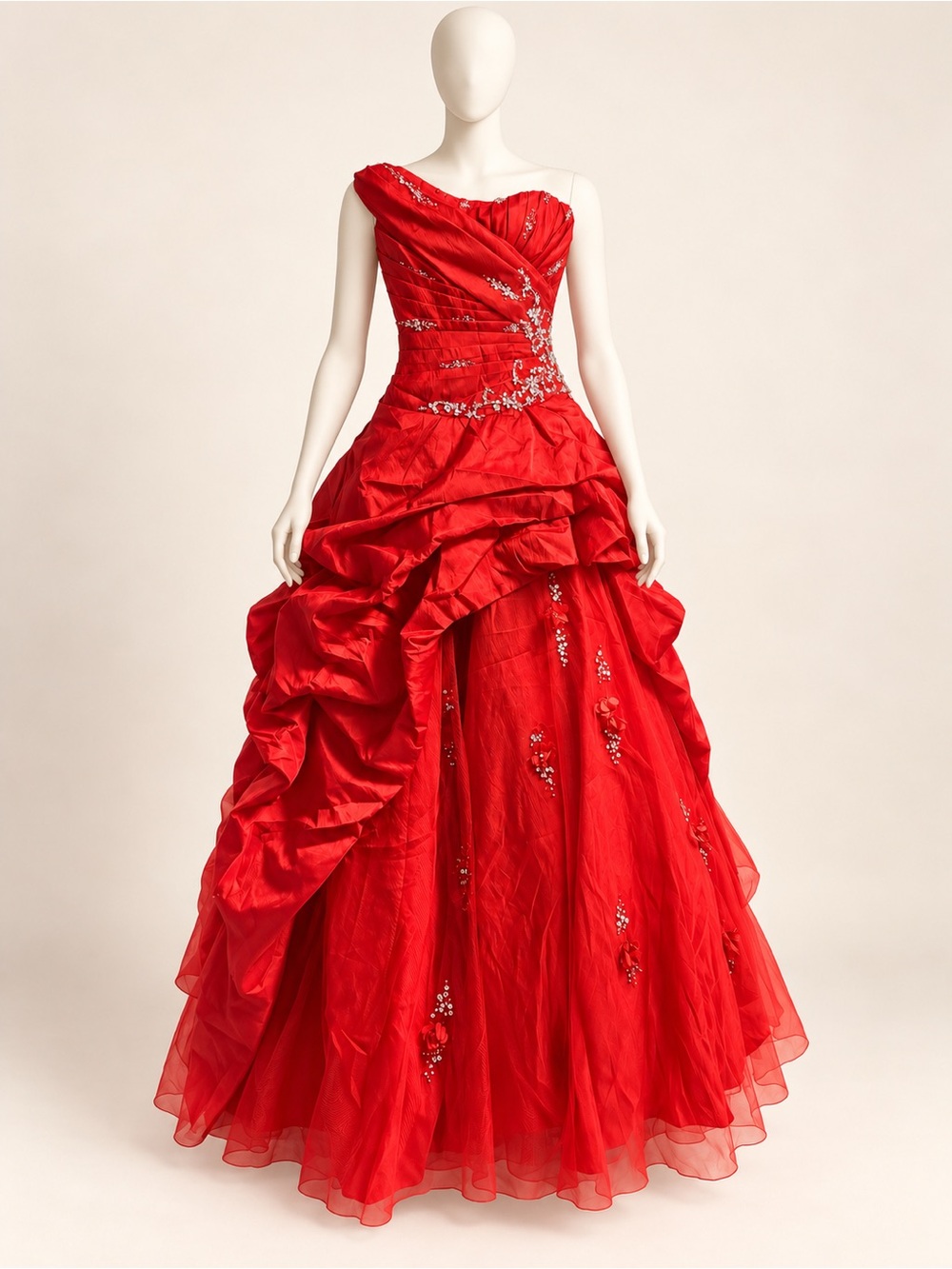 Stellah Red One-Shoulder Ruched Ball Gown with Crystal Accents